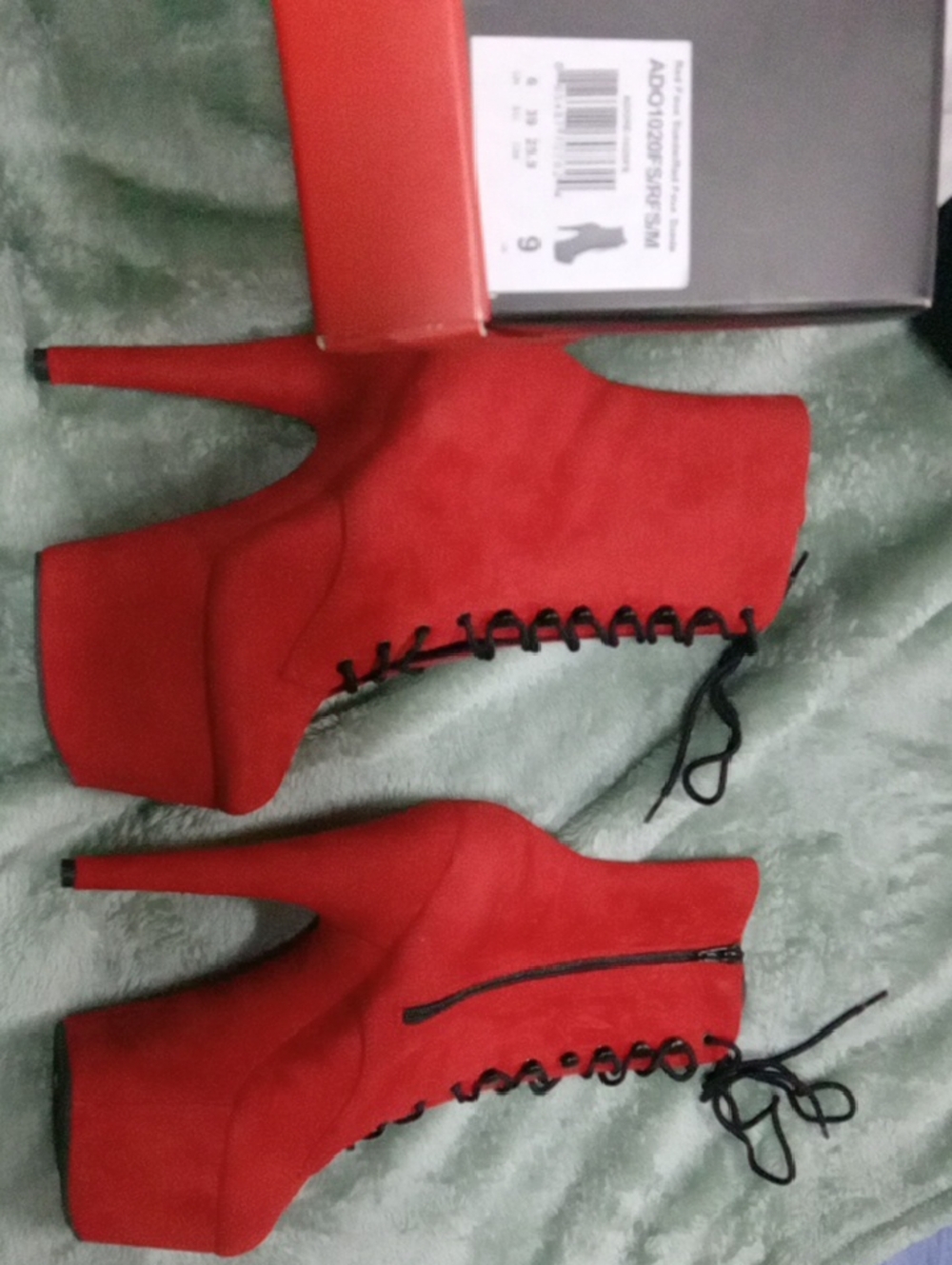 Pleaser Red Faux Suede Lace-Up Platform Stiletto Ankle Boots